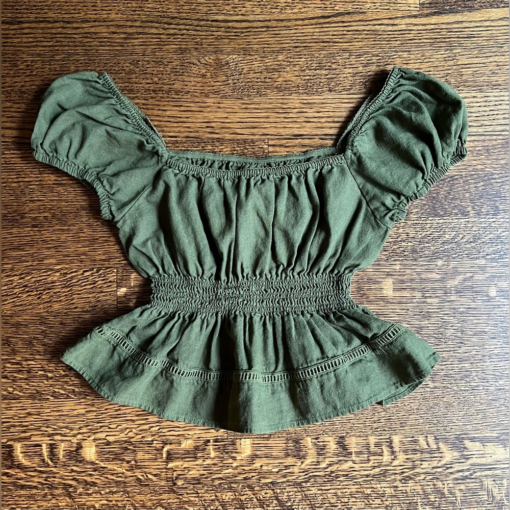 Olive Linen Milkmaid Top, Peasant Style Top with Puff Sleeves, Rustic Tavern - Picture 4 of 7